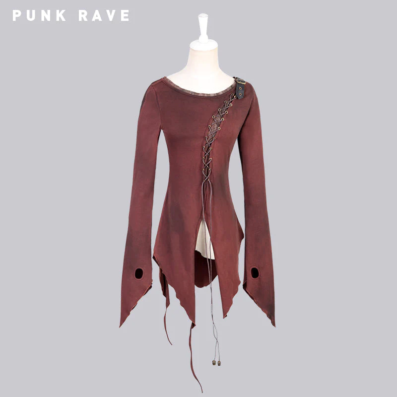 T-377 Asymmetric Cotton Inner Tight Long Sleeve Gothic T-shirts - Image 5