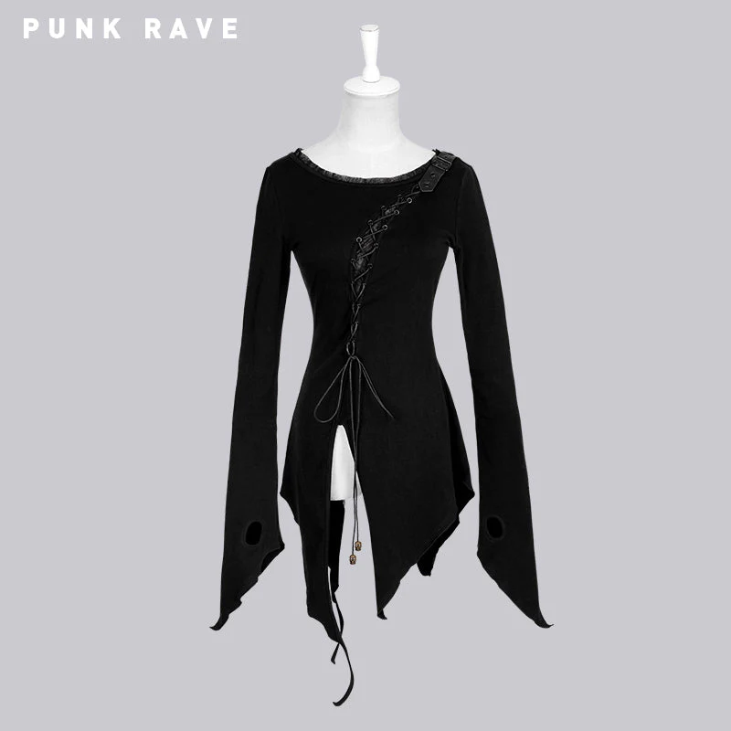 T-377 Asymmetric Cotton Inner Tight Long Sleeve Gothic T-shirts - Image 7