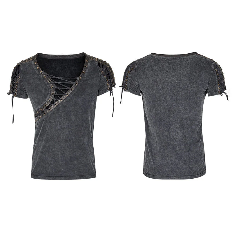 T-463 Asymmetric Neck Cotton Punk T-shirts With Hollow DrawString - Image 4
