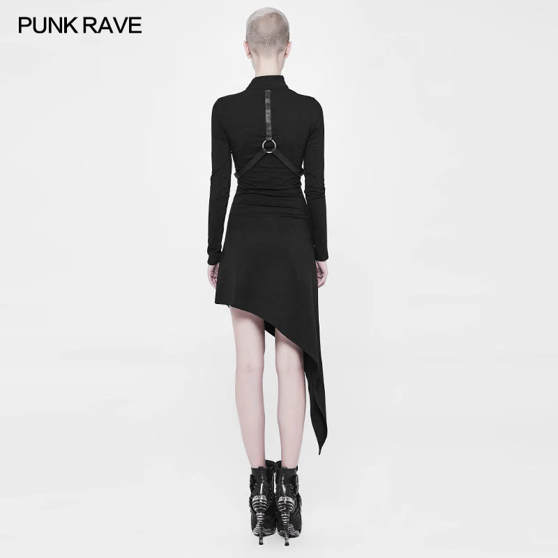 WQ-365 Asymmetrical black Harness Design Knit Punk Dress - Image 3