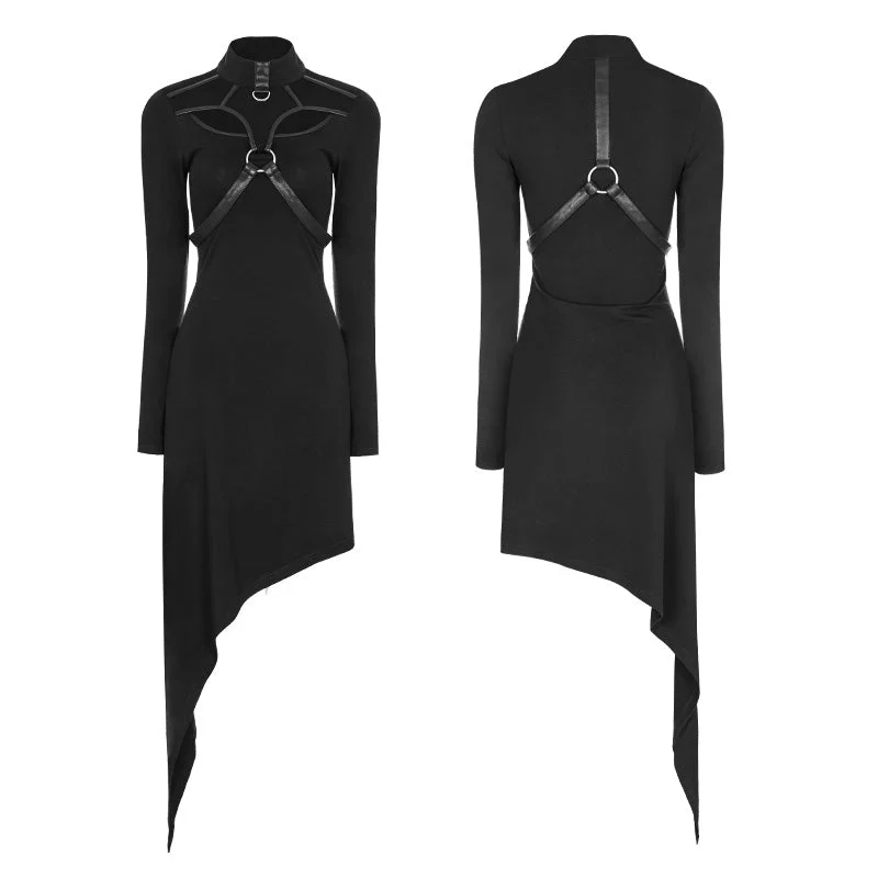WQ-365 Asymmetrical black Harness Design Knit Punk Dress - Image 4