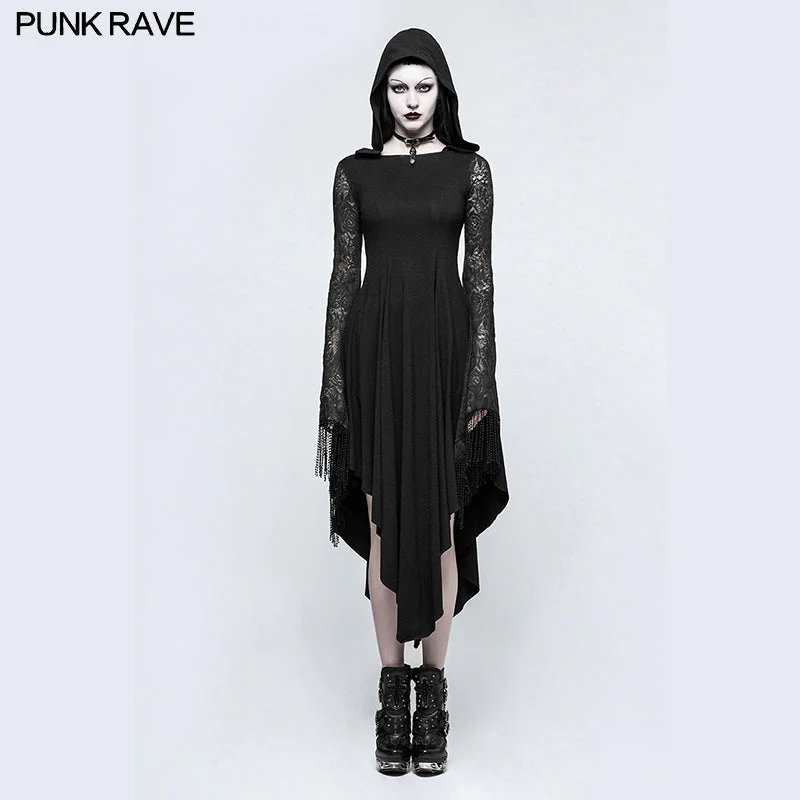 Q-328 Asymmetry Knit black Gothic Dresses With Hollow-out Back Spider Net - Image 6