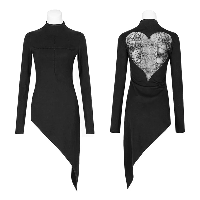 T-479 Back Peach Heart Asymmetry Cross Design Gothic T-shirts For Women - Image 4