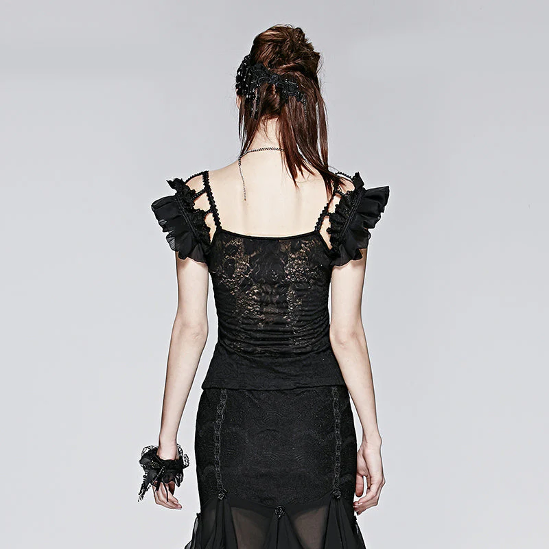 T-390 black Falbala Sexy blackless Chiffon Lace Gothic Shirt - Image 2
