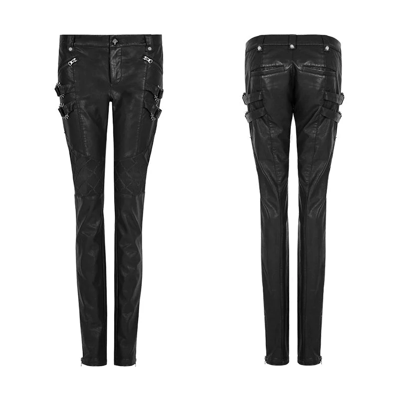 K-297 black Grid Stitching Leather Punk Pants With Leg Zipper Design - Image 4