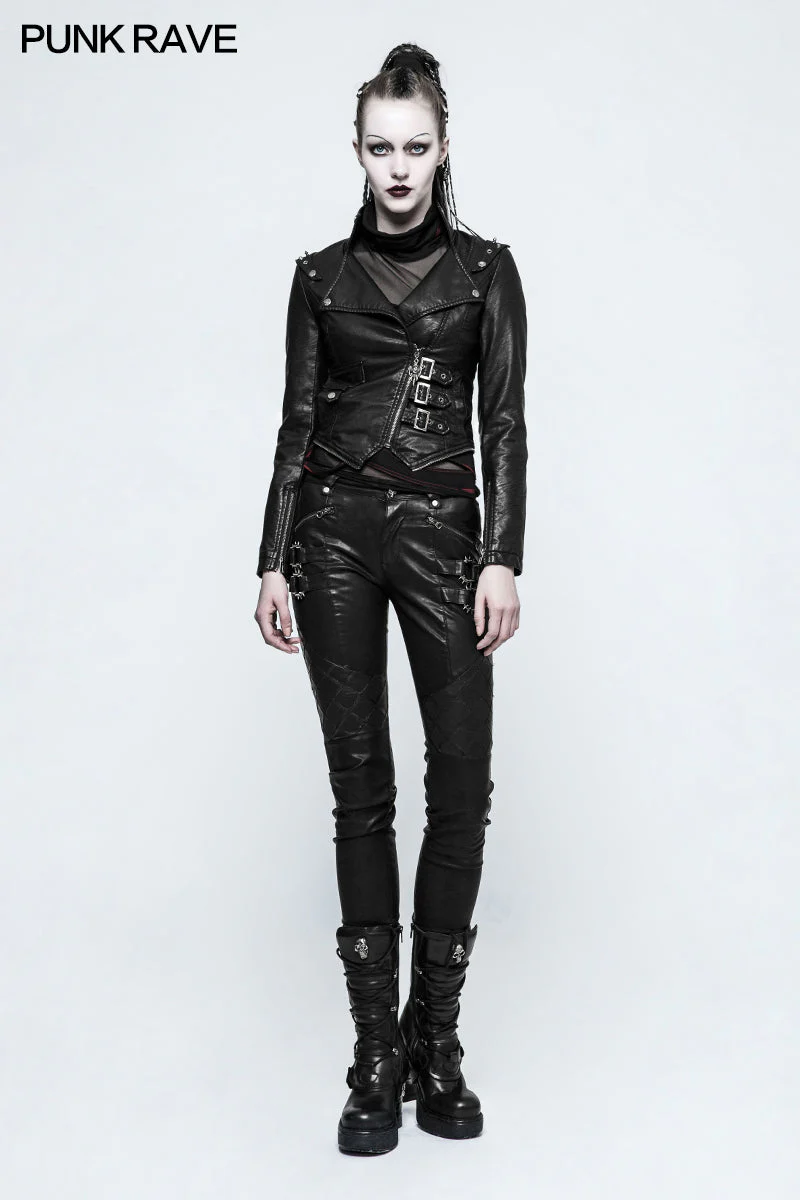 K-297 black Grid Stitching Leather Punk Pants With Leg Zipper Design - Image 6