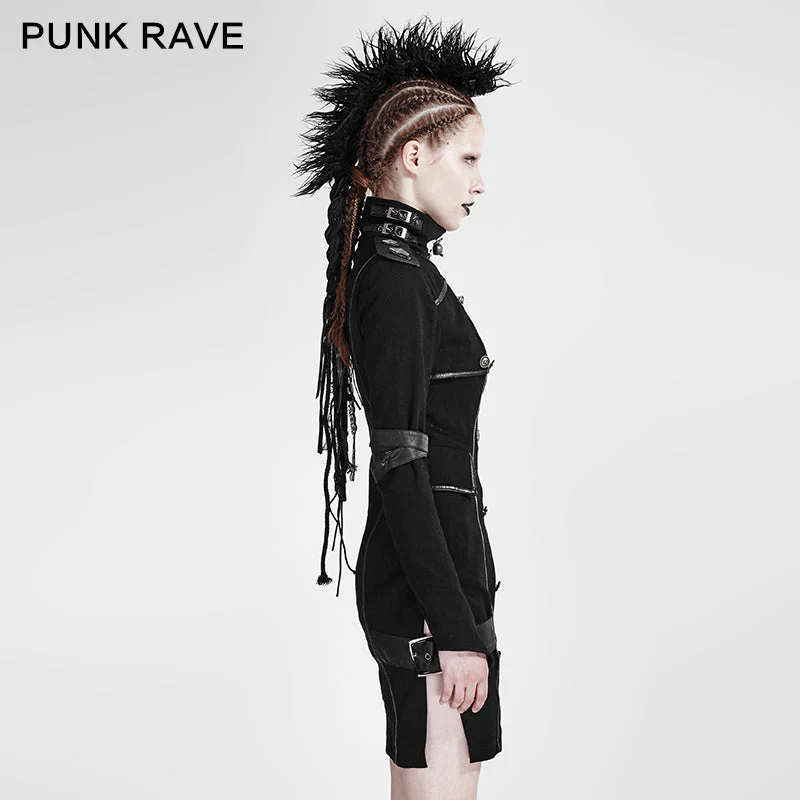Q-300 black High Collar Long Sleeves Skinny Military Punk Dress - Image 2