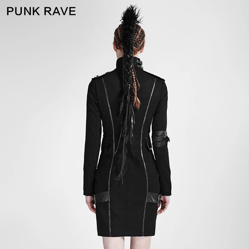 Q-300 black High Collar Long Sleeves Skinny Military Punk Dress - Image 3