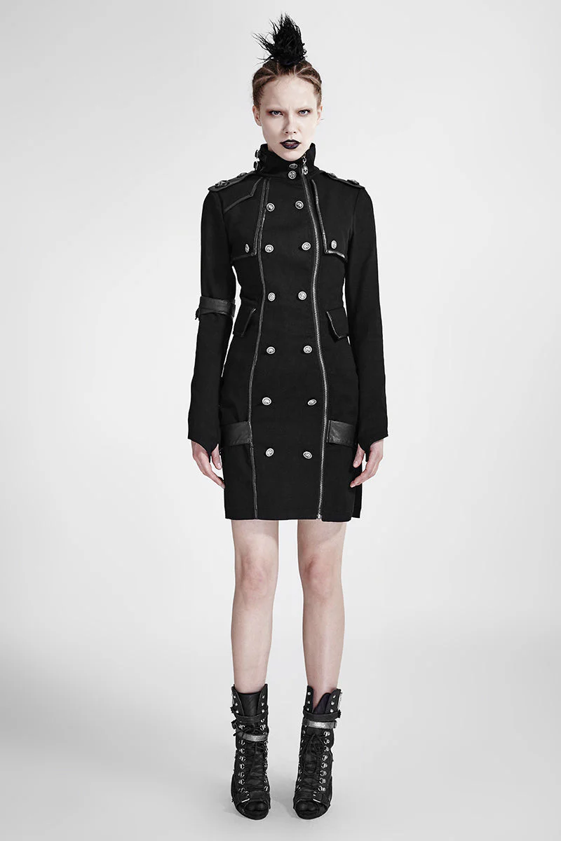 Q-300 black High Collar Long Sleeves Skinny Military Punk Dress - Image 6