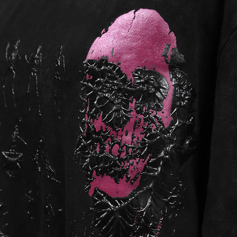 Y-515 black Hooded Oversize Designs Punk T-shirts With Skeleton Face - Image 4