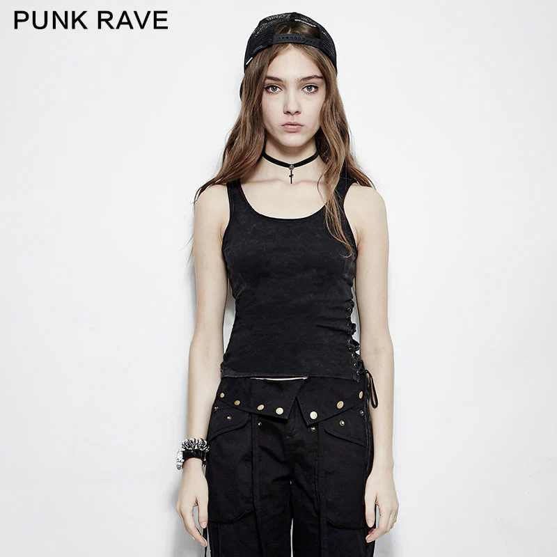 PT-099 black Lace Side Elastic Casual Tank Tight-fitting Drawstring Punk Vest
