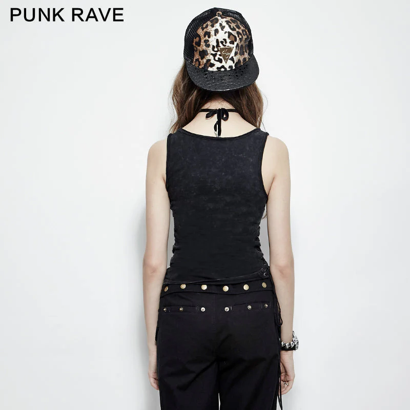 PT-099 black Lace Side Elastic Casual Tank Tight-fitting Drawstring Punk Vest - Image 3