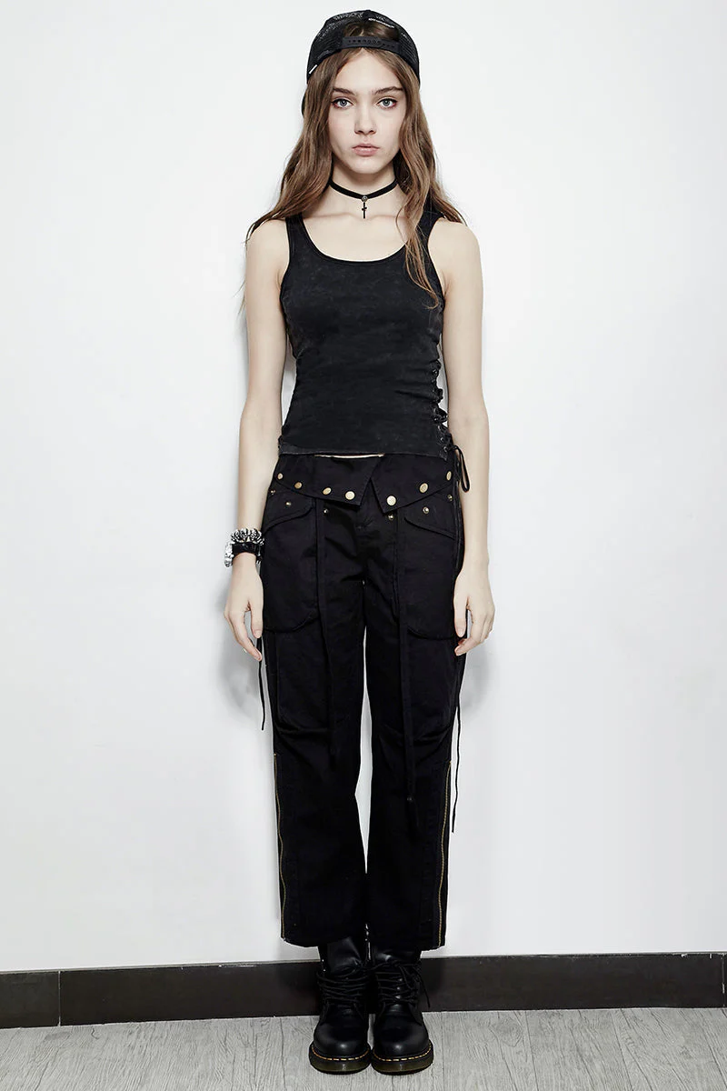 PT-099 black Lace Side Elastic Casual Tank Tight-fitting Drawstring Punk Vest - Image 6