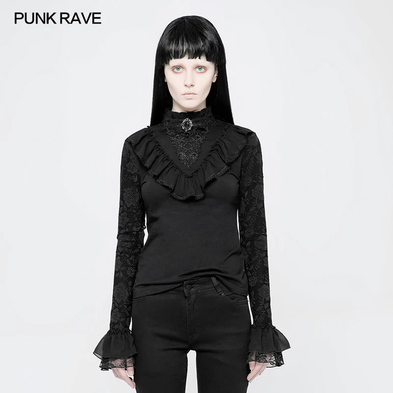 WLT-012 black Lace Stand Collar Lolita T-Shirts For Women