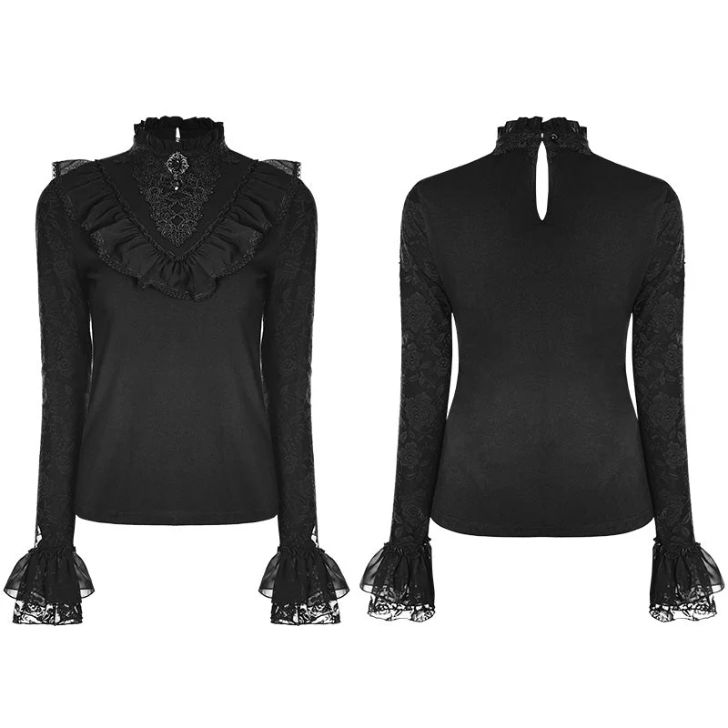 WLT-012 black Lace Stand Collar Lolita T-Shirts For Women - Image 4
