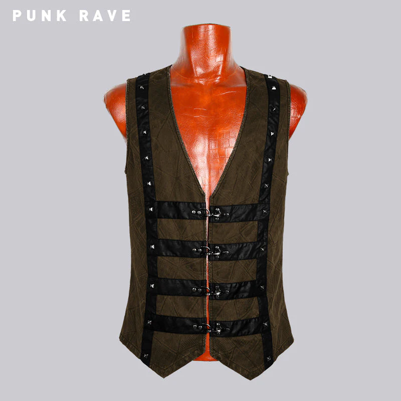 Y-565 black Leather Sleeveless Punk Vest With V-neck - Image 5