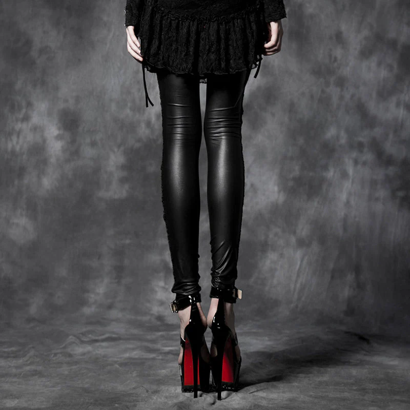 PK-026 black Leather Tight Gothic Pants With Lace - Image 2