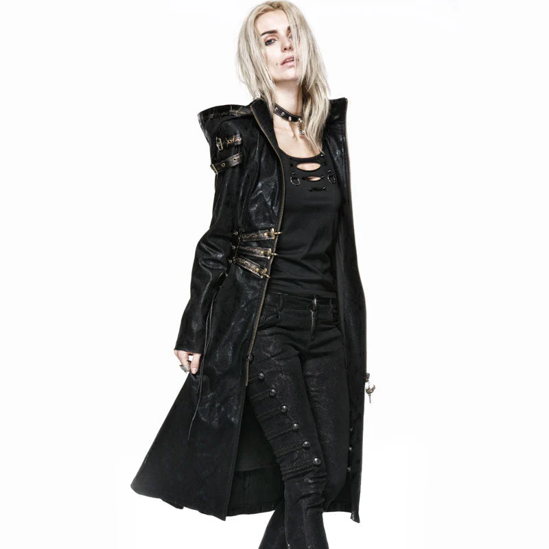 Y-552 black Long Leather Punk Coat With Hooded - Image 5