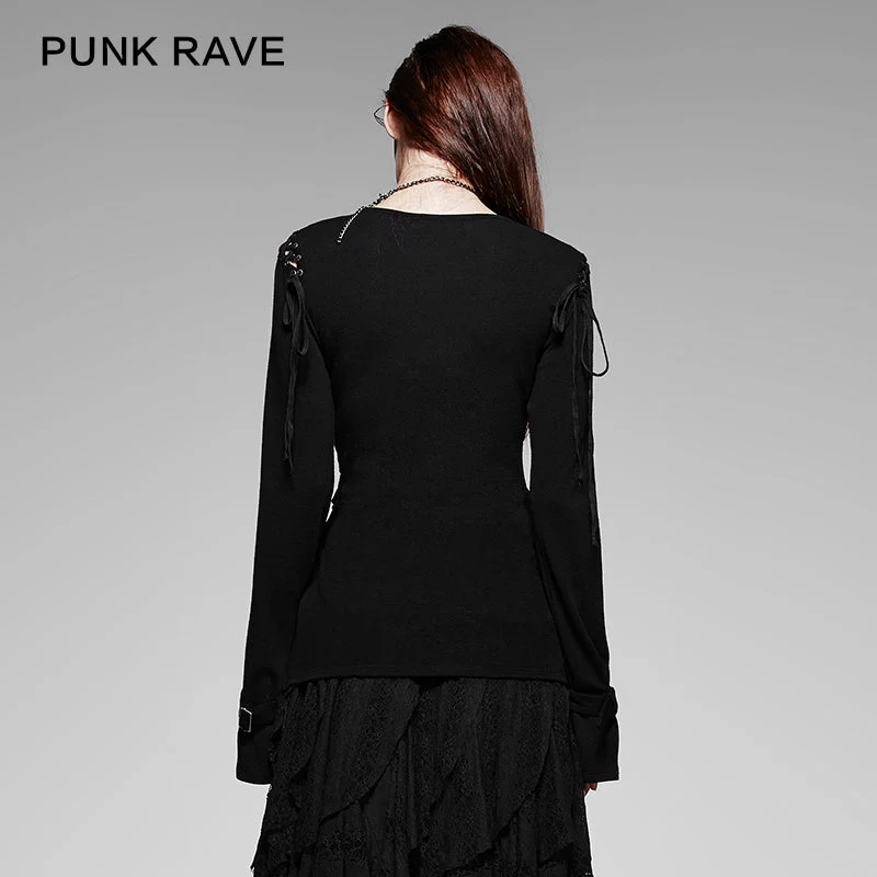 T-196 black Long Sleeve Irregular Decoration Gothic Shirt - Image 2