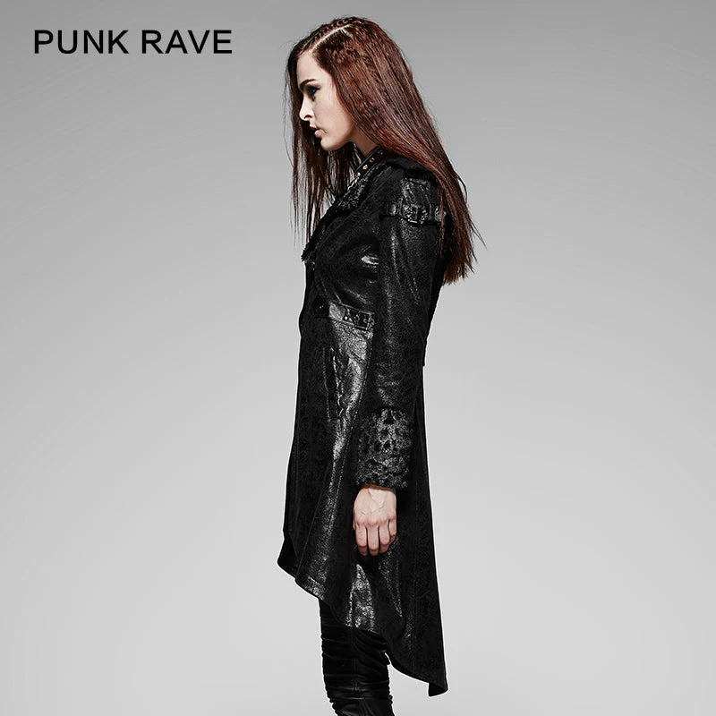 Y-352 black Long Soft Leather Gothic Trench Coats With V Collar - Image 3