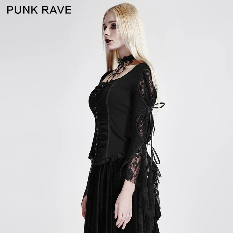 Y-683 black Long Wide Sleeves Gothic Shirt With Roses Lace Back - Image 2