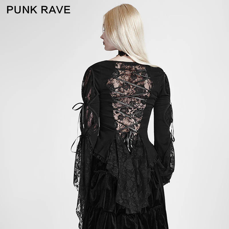 Y-683 black Long Wide Sleeves Gothic Shirt With Roses Lace Back - Image 3