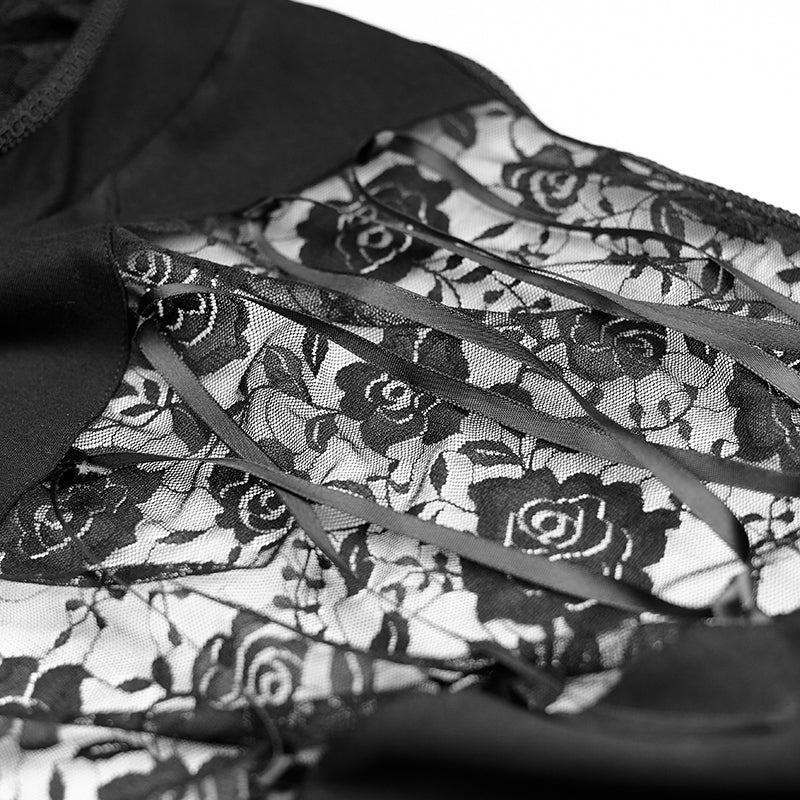 Y-683 black Long Wide Sleeves Gothic Shirt With Roses Lace Back - Image 4