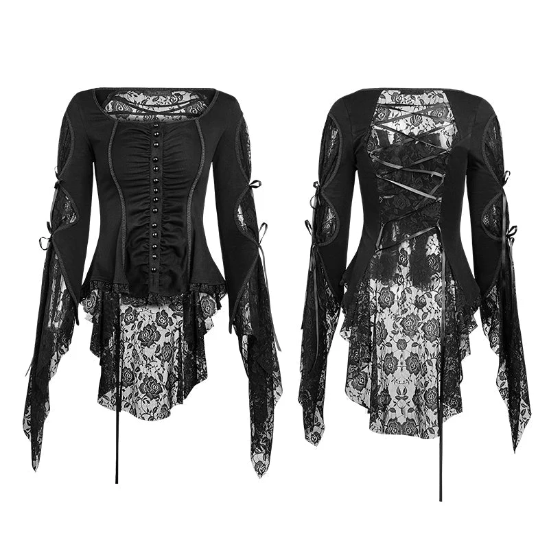 Y-683 black Long Wide Sleeves Gothic Shirt With Roses Lace Back - Image 5