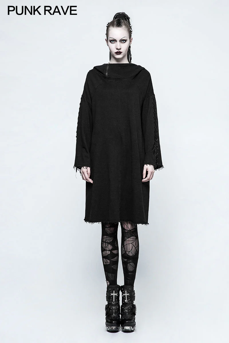 OPY-223 black Loose Sleeve Punk Hoodies With Adjustable Drawstring - Image 6