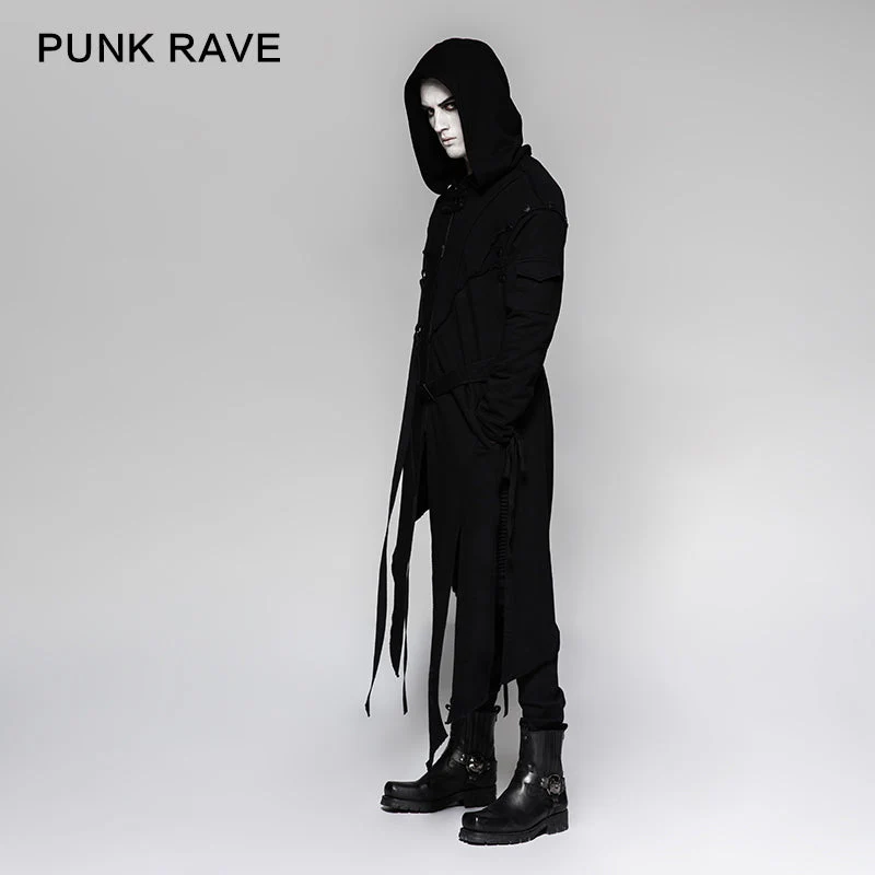 Y-745 black Mens Hooded Long Sweater Punk Jacket With Stripes - Image 2