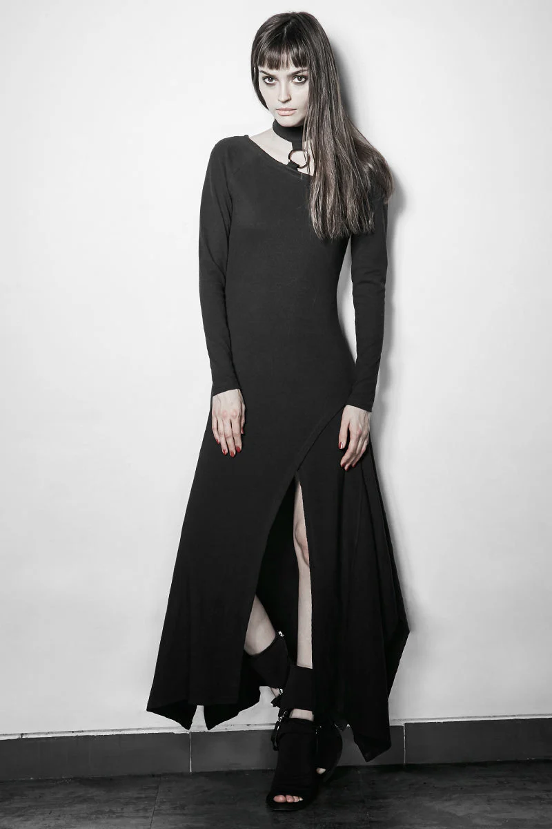 PQ-192 black Party High Slit Vintage Casual Asymmetric Hem Punk Dress - Image 5