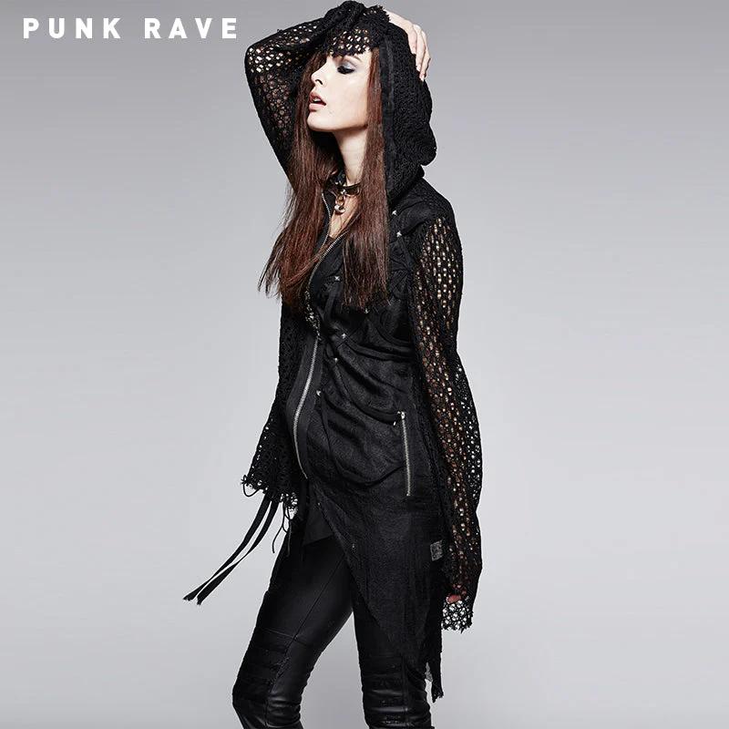 Y-570 black Pretty Knitwear Zipped Punk Coat With Hood - Image 2