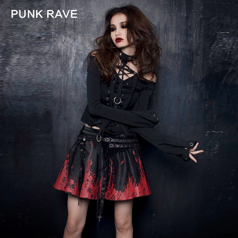 Q-128 black-red Short Punk Skirt With Printing Pattern