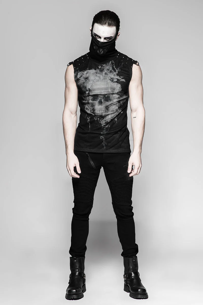 T-470 black Rivets Puff Printing Knitted Collar Men Sleeveless Punk Vest - Image 11