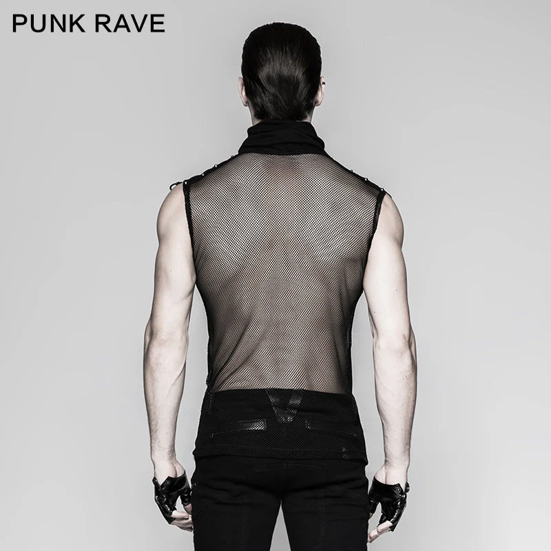T-470 black Rivets Puff Printing Knitted Collar Men Sleeveless Punk Vest - Image 3