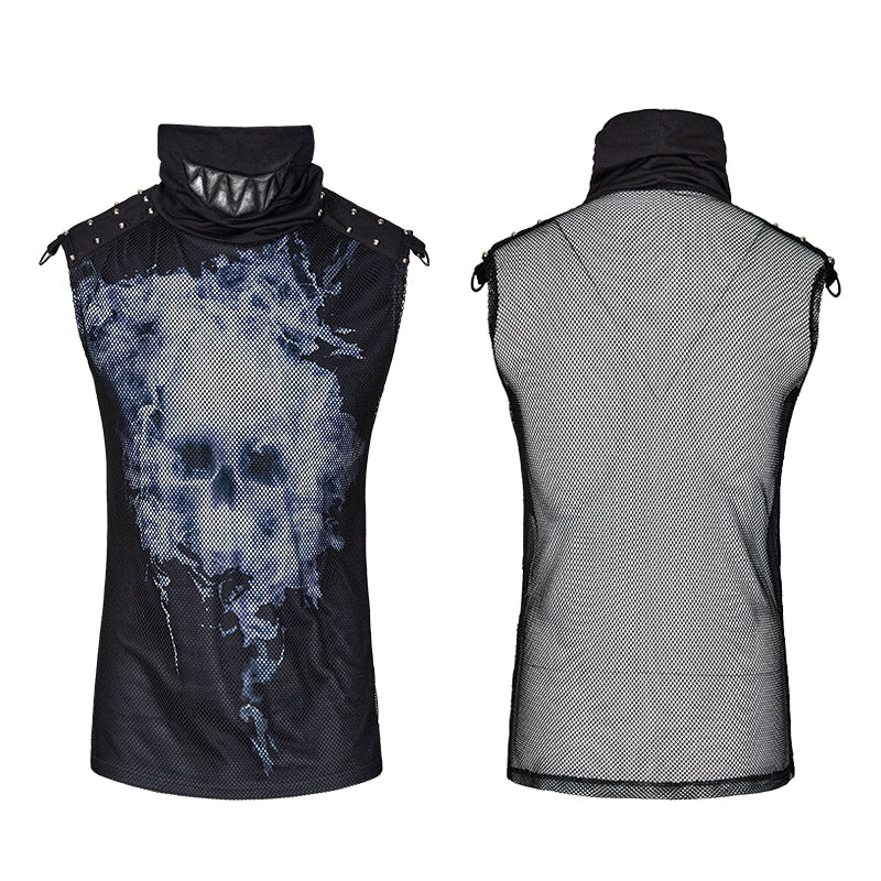 T-470 black Rivets Puff Printing Knitted Collar Men Sleeveless Punk Vest - Image 4