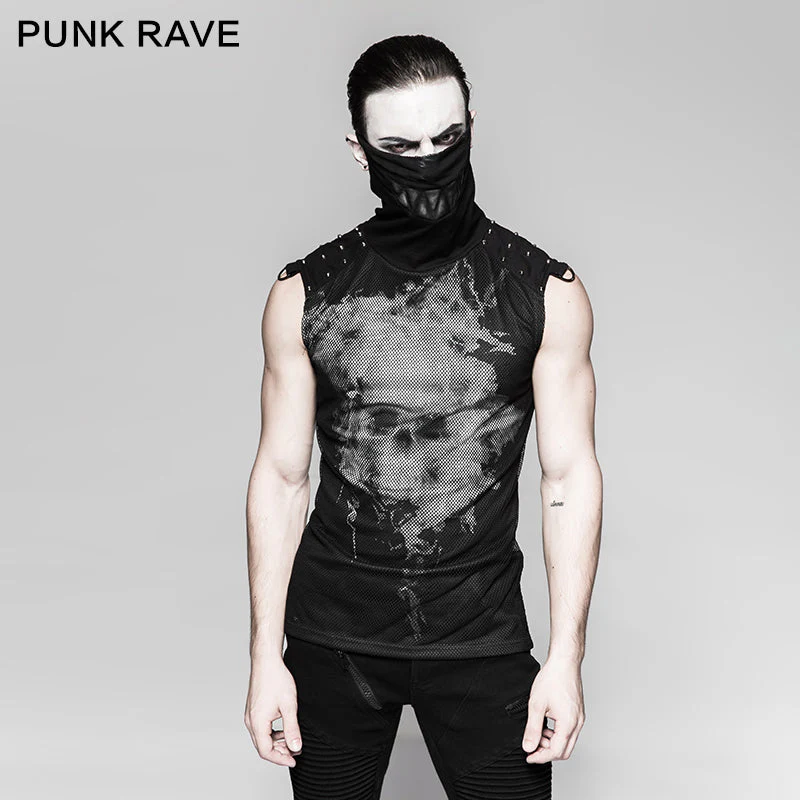 T-470 black Rivets Puff Printing Knitted Collar Men Sleeveless Punk Vest - Image 6