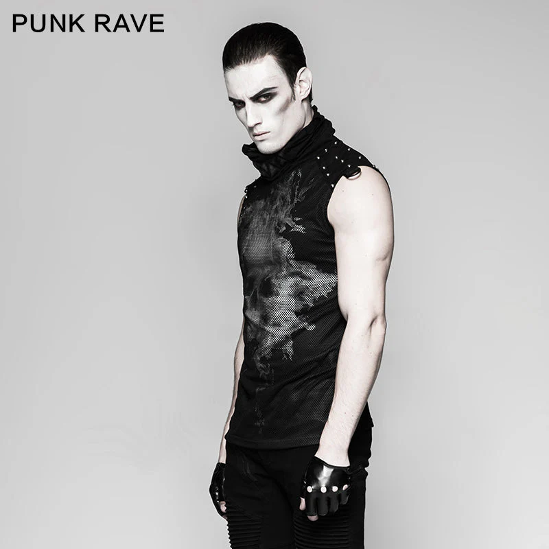 T-470 black Rivets Puff Printing Knitted Collar Men Sleeveless Punk Vest - Image 7
