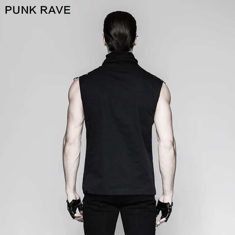 T-470 black Rivets Puff Printing Knitted Collar Men Sleeveless Punk Vest - Image 8