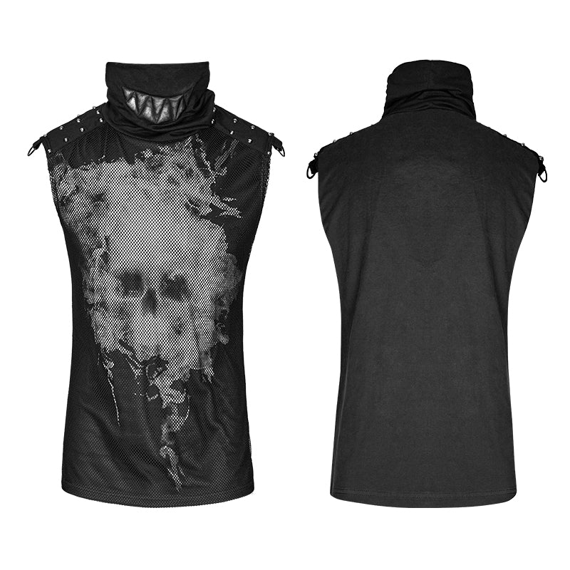 T-470 black Rivets Puff Printing Knitted Collar Men Sleeveless Punk Vest - Image 9