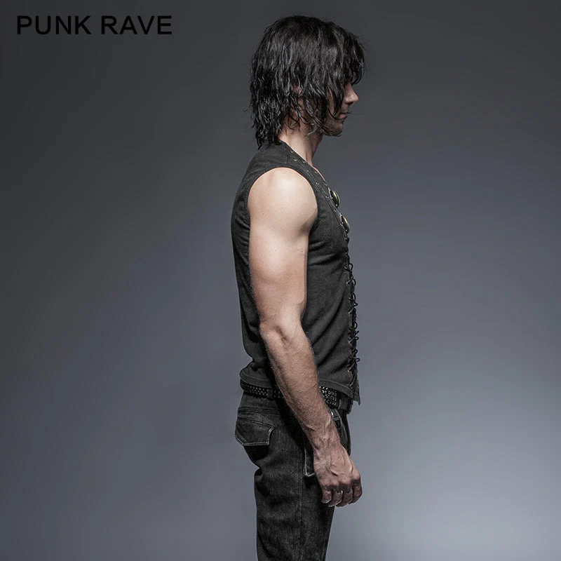 Punk Rave T-421 black Rock Cotton Leather Belt Sleeveless Punk Shirts For Men - Image 2