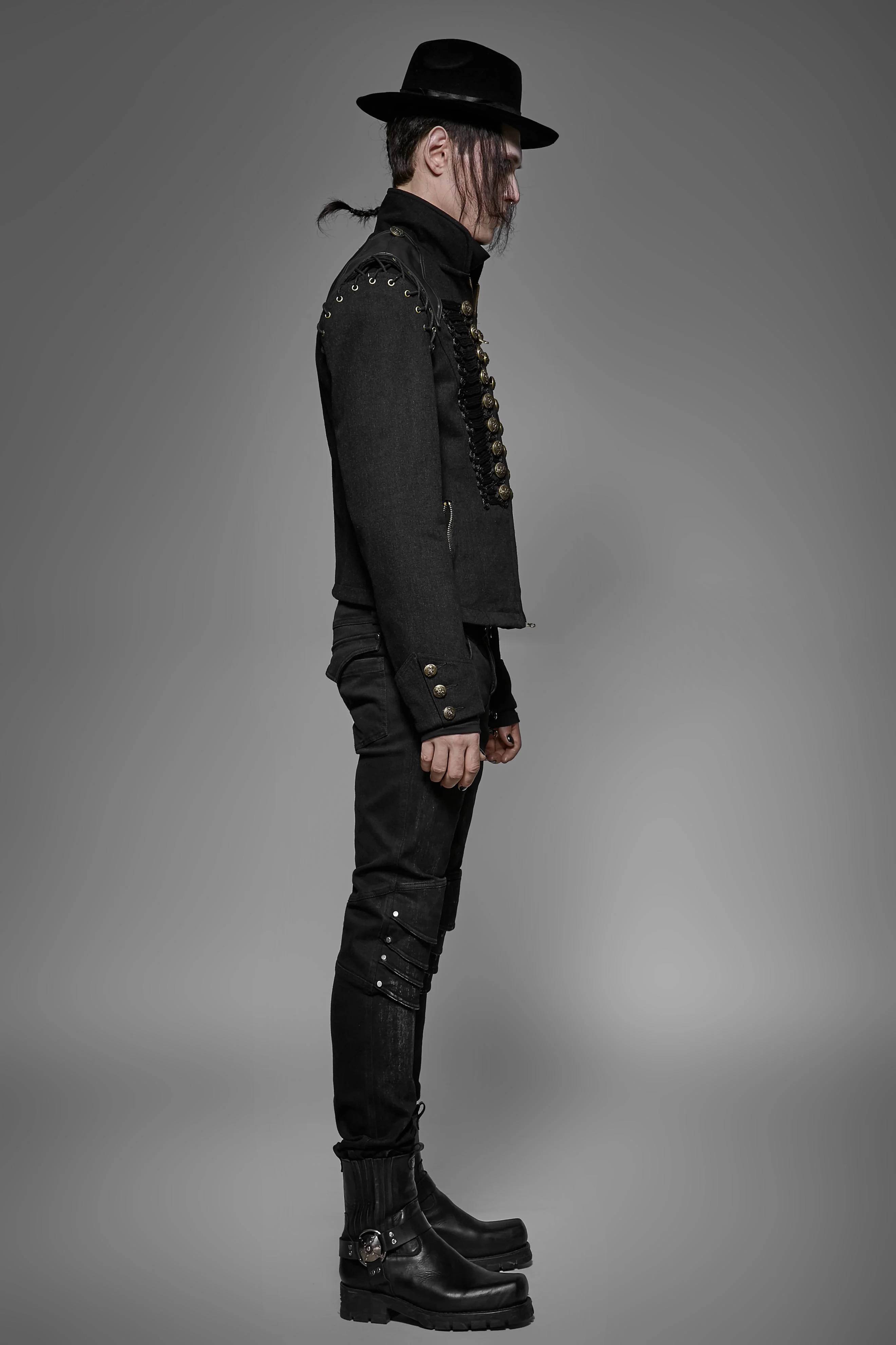 Y-721 black Rugged Denim Punk Jacket For Men With Removable Sleeves - Image 3