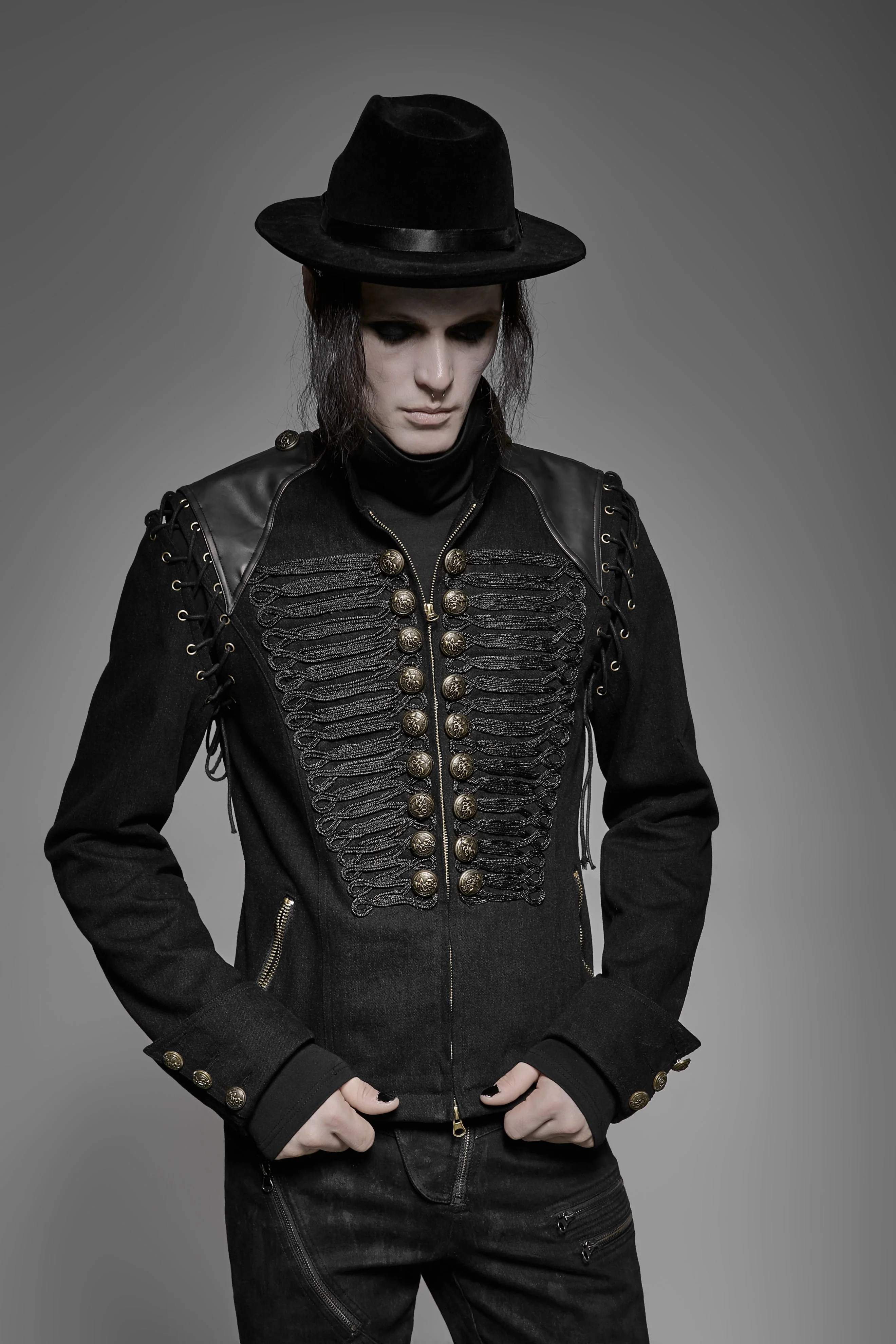 Y-721 black Rugged Denim Punk Jacket For Men With Removable Sleeves - Image 4