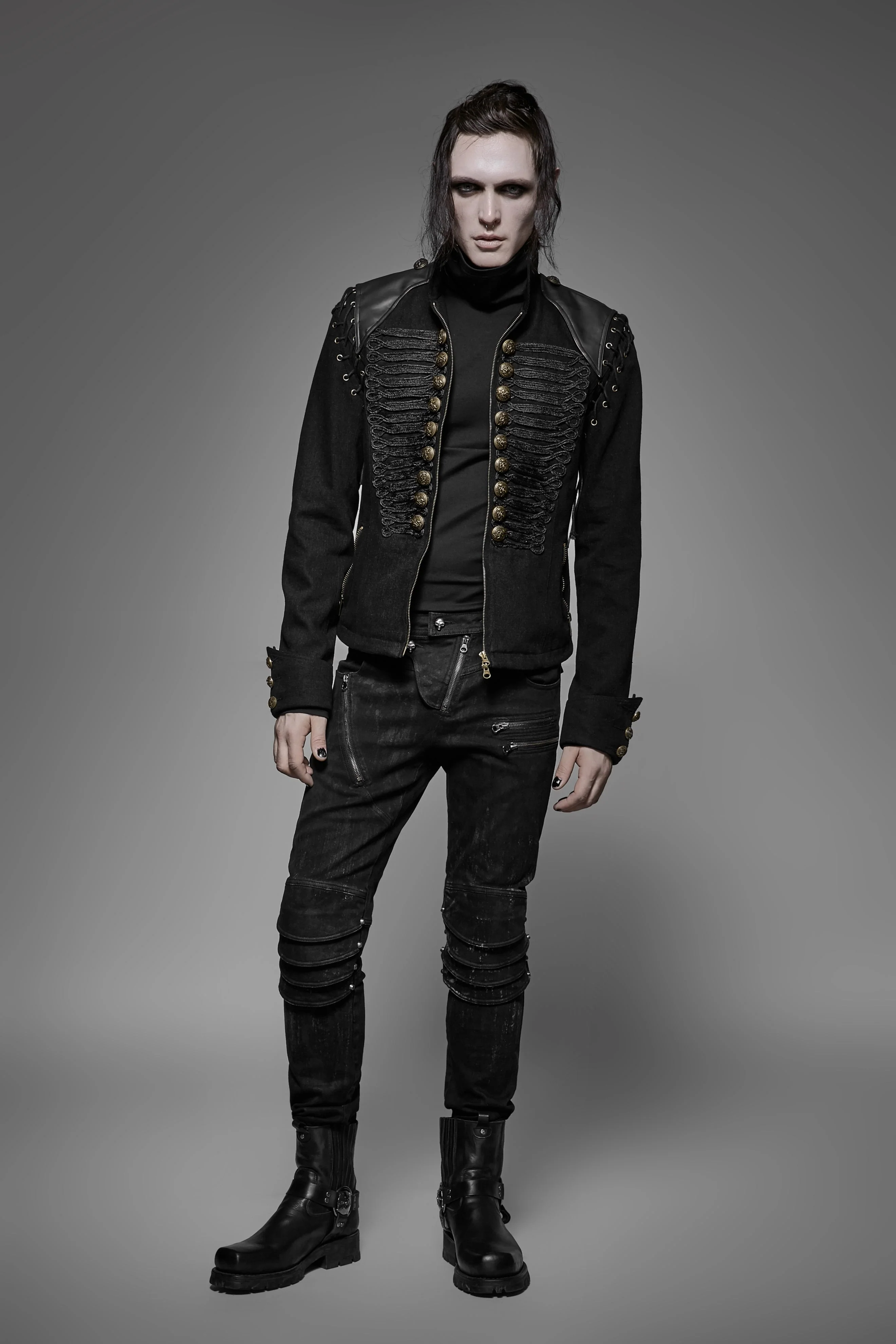 Y-721 black Rugged Denim Punk Jacket For Men With Removable Sleeves - Image 5