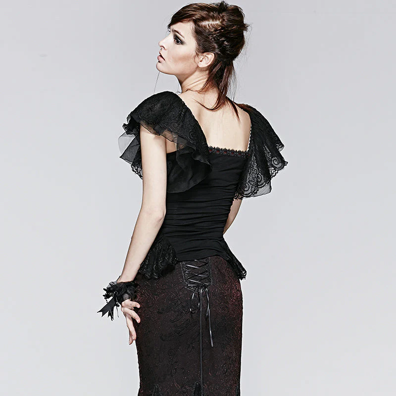 T-391 black Sexy Puff Lace Short Sleeve Gothic T-shirts - Image 2