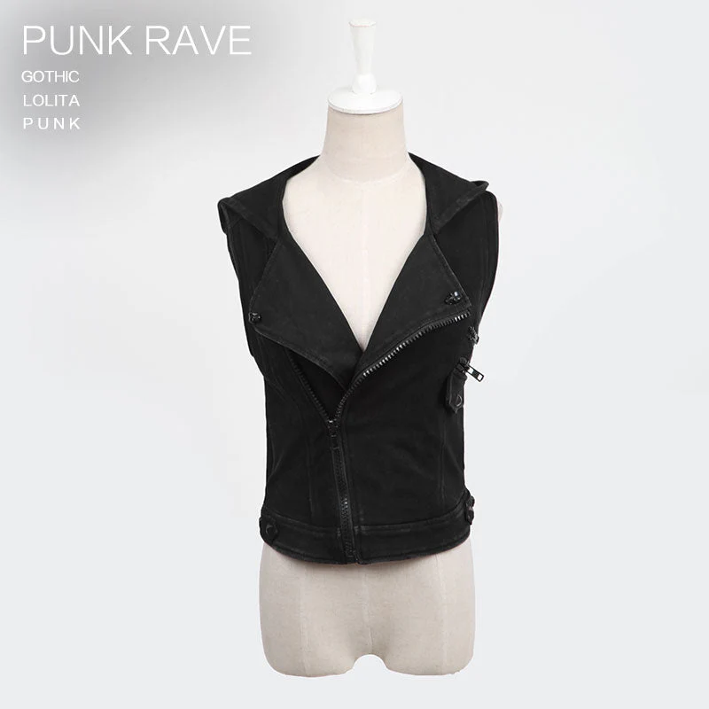 Y-516 black Sleeveless Short Cotton Punk Vest With Hoodies - Image 4