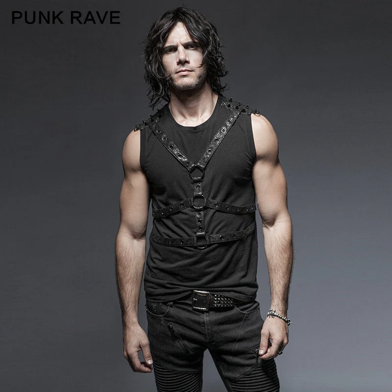 T-422 black Sleeveless Stripe Tank Tops Punk Vest For Men