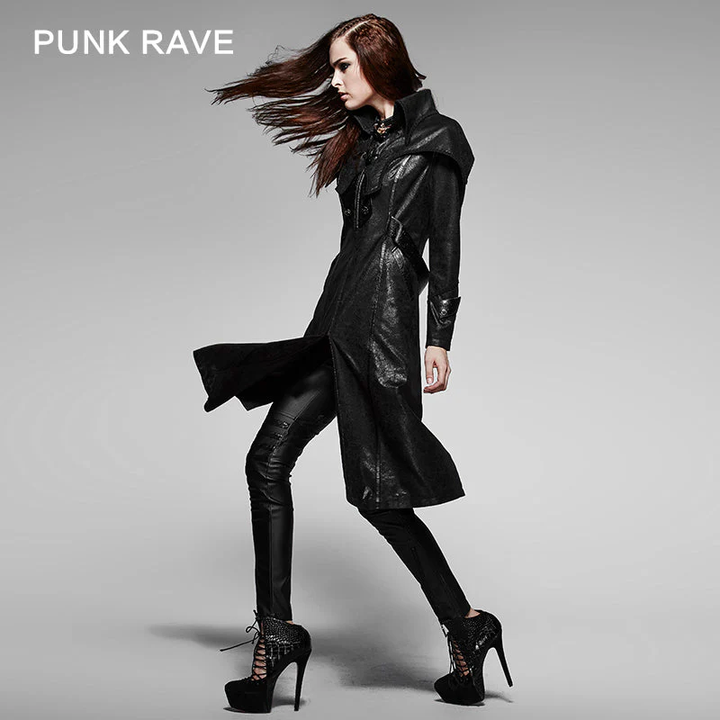 Y-373 black Soft Leather Long Sleeve Gothic Trench Coats For Women - Image 3