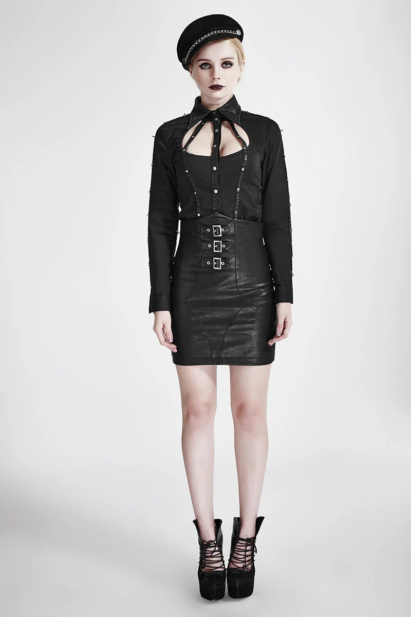 Y-691 black Stripes Long Sleeve Punk Shirts With Cut-out Collar - Image 6