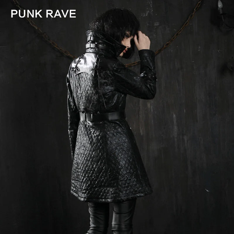 Y-380 black V Neck Leather For Winter Punk Coat - Image 4